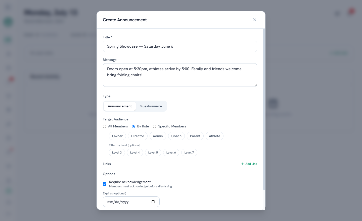 The announcement composer with role targeting, level filter, links, and acknowledgement options