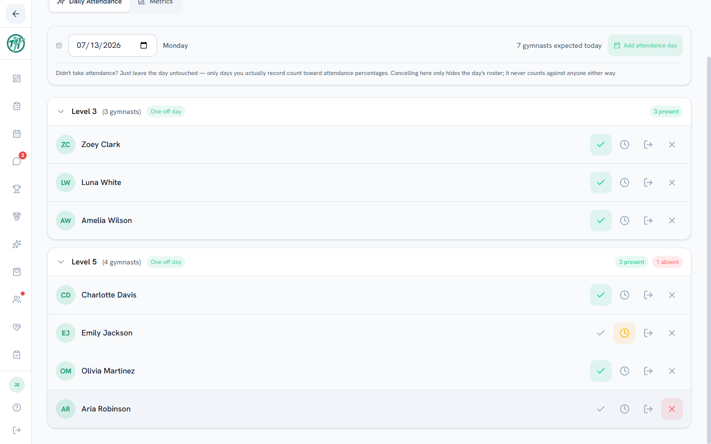 The attendance grid — athletes grouped by level with status buttons