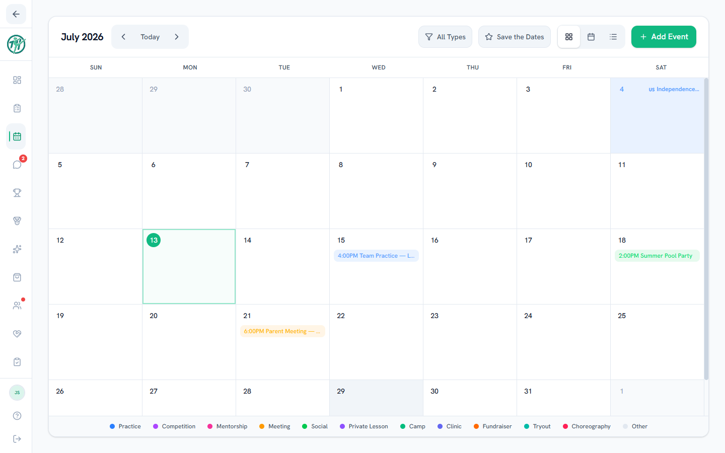 The calendar's month view with color-coded events and the event-type legend