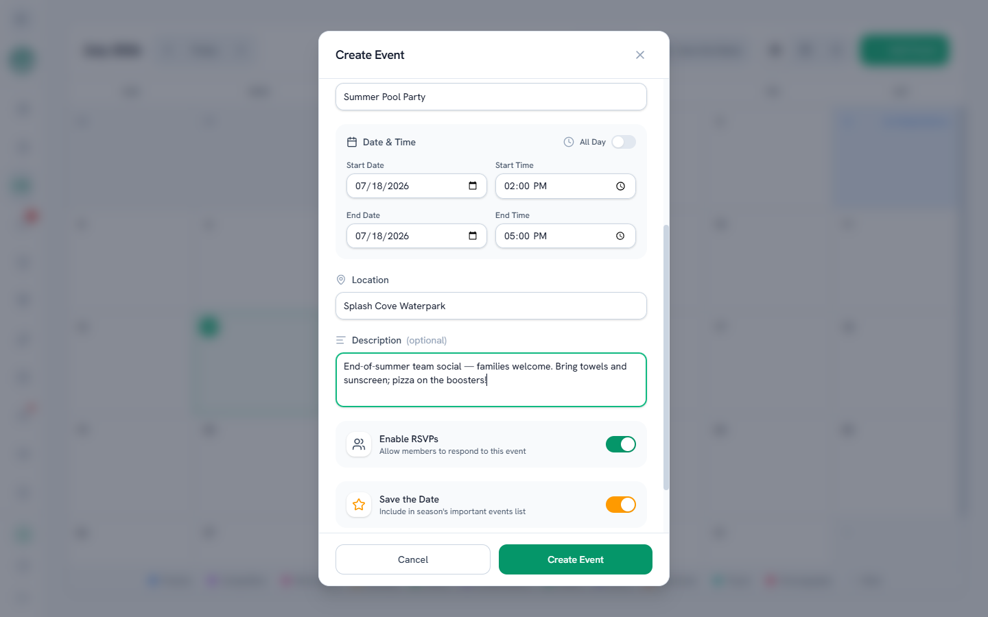 The Create Event form with date and time, location, and the RSVP and Save the Date switches