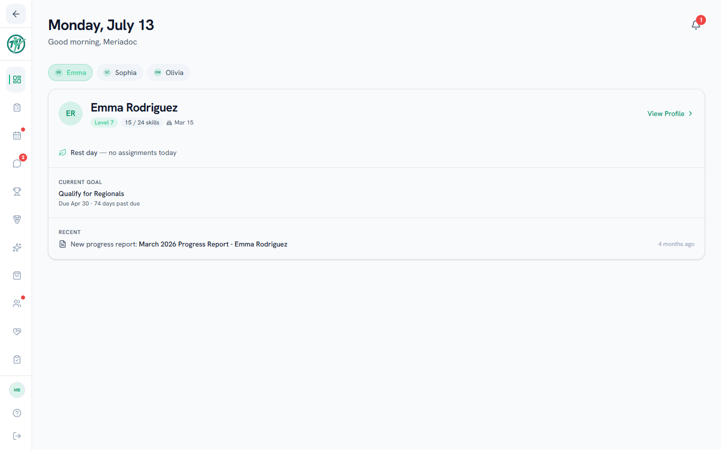 A parent's dashboard with the linked-gymnast card, current goal, and recent activity