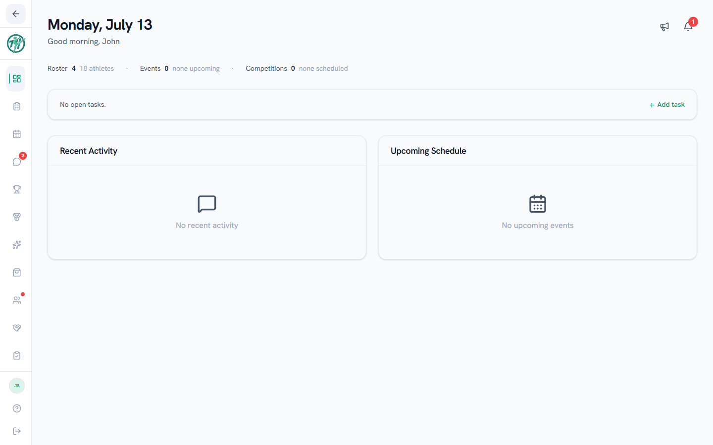 The staff dashboard with the program summary strip, tasks, and the create-announcement button