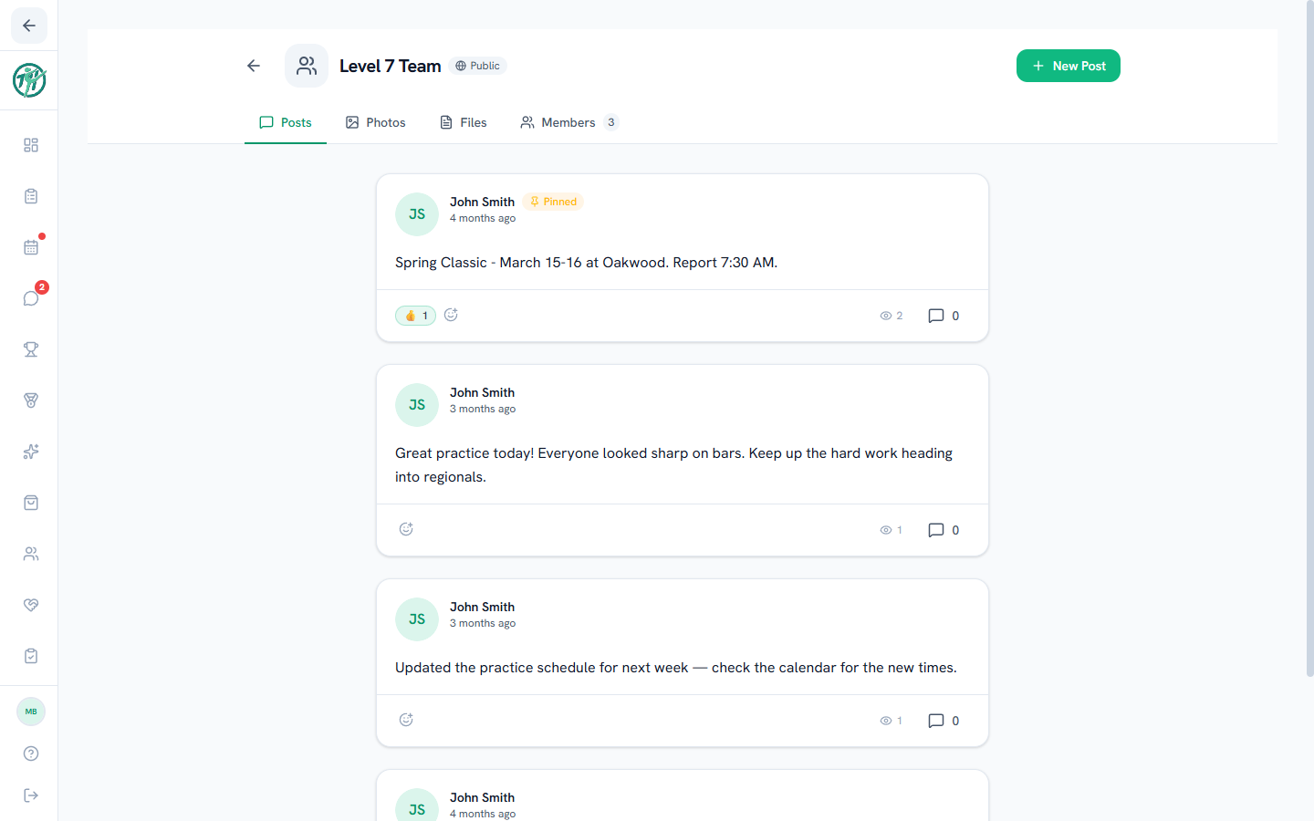 A group's post feed with a pinned post, reactions, and the Posts / Photos / Files / Members tabs