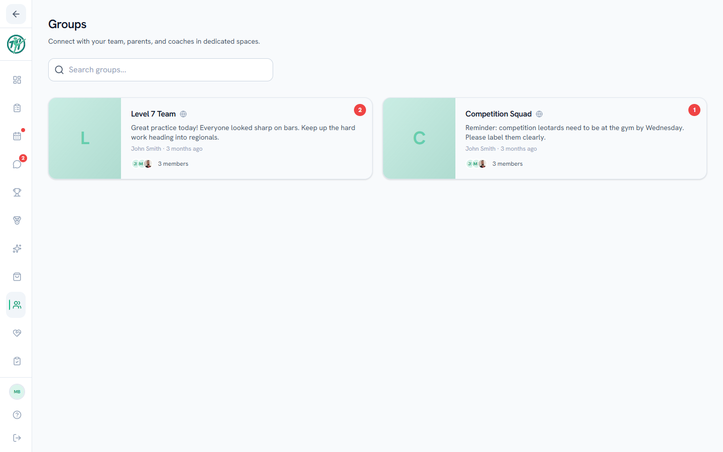 The Groups tab with each group's latest post and unread badge