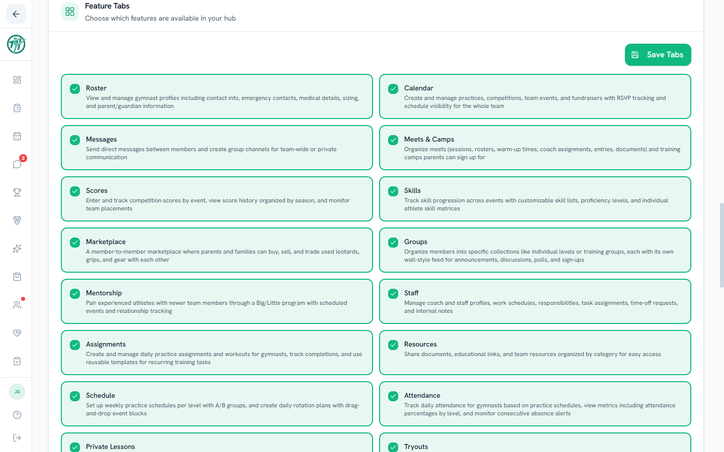 The Feature Tabs card — every feature with a description and a switch