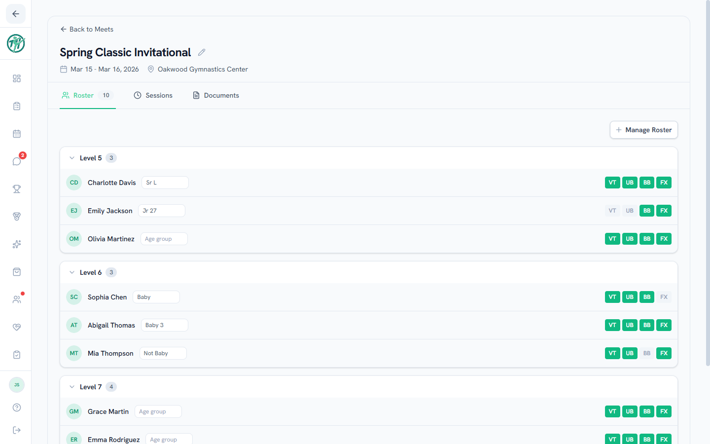 A meet's detail page with the roster, sessions, and documents tabs