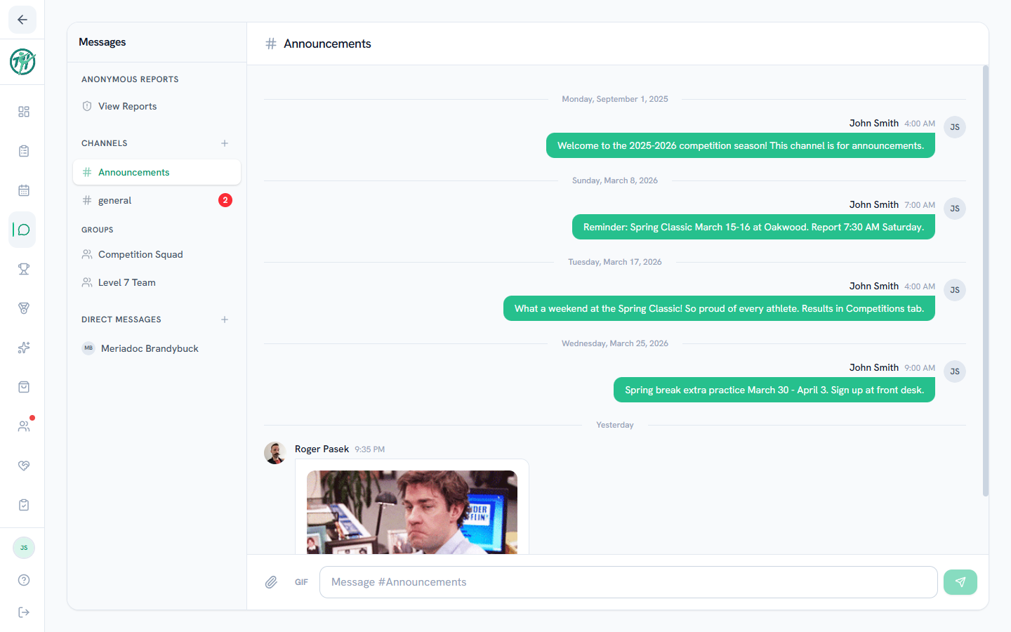 The Messages tab with channels, group chats, and direct messages in the left panel