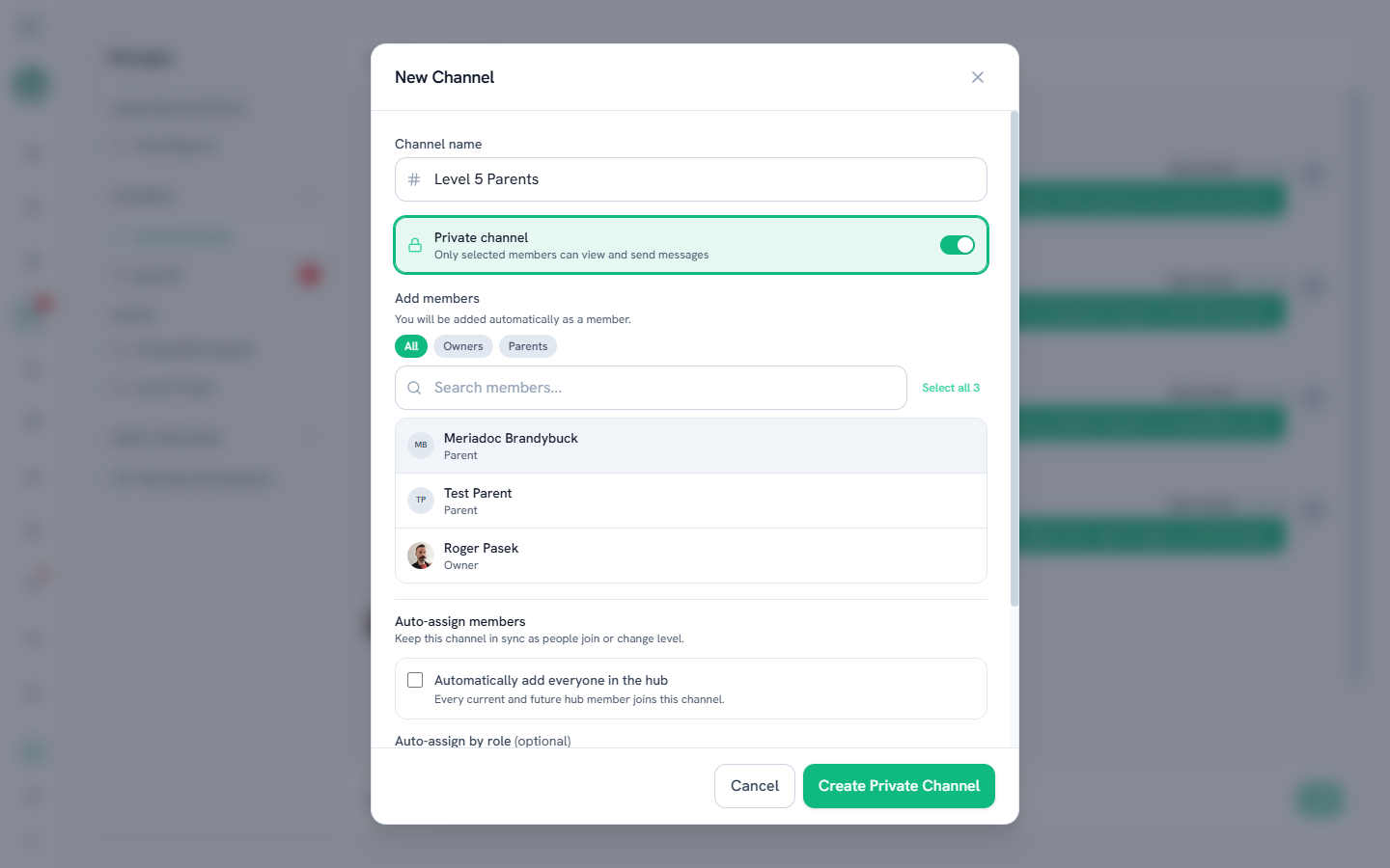 The New Channel dialog with the private toggle on, member picker, and auto-assign rules
