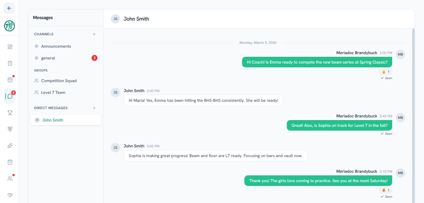 A direct message conversation with reactions and Seen indicators