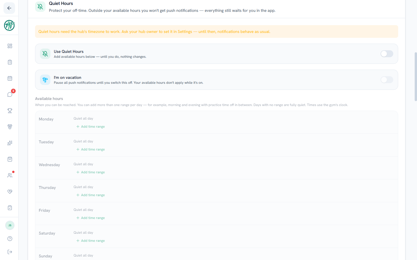The Quiet Hours section in hub Settings, with per-day available hours and a vacation toggle