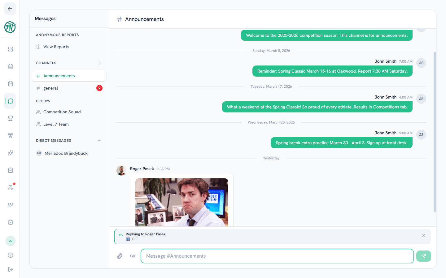 Replying to a message — the original is pinned above the composer until you send