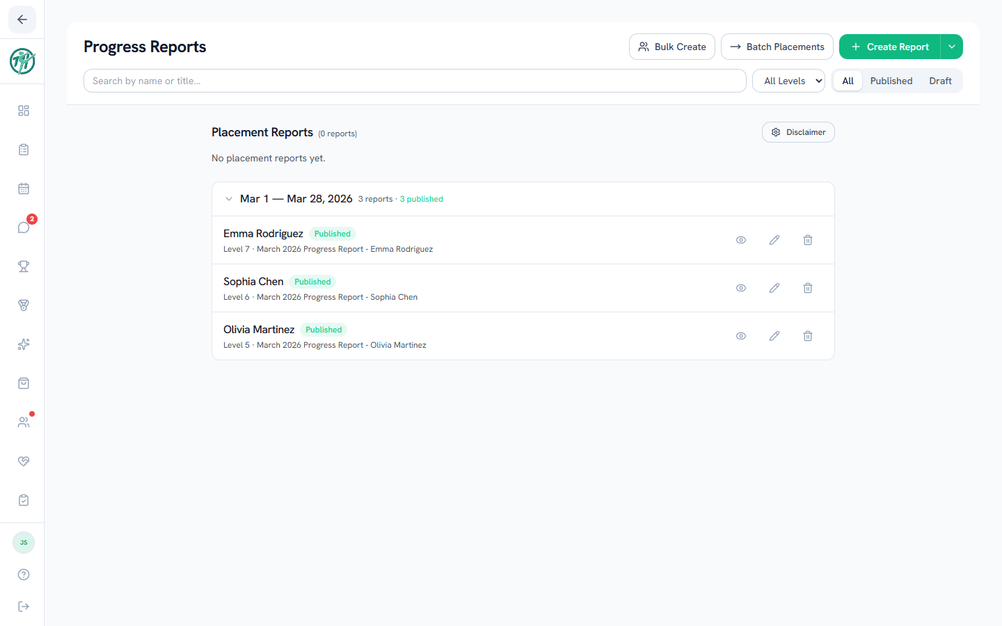 The Progress Reports tab with the report list and create actions