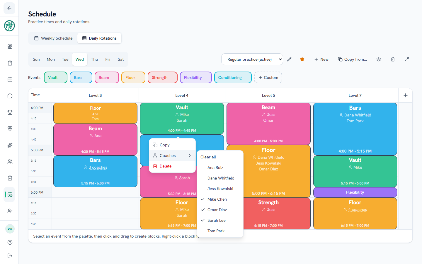 The rotation builder — columns for each level, colored blocks with their coaches, and the right-click Coaches checklist open on a block