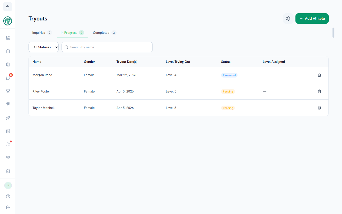 The tryouts pipeline — In Progress athletes with statuses and levels